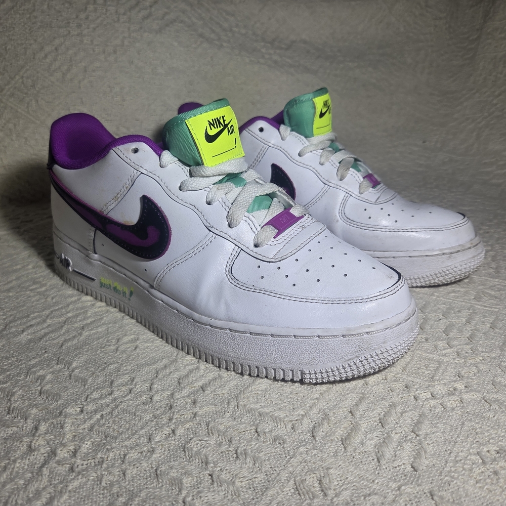 Nike Air Force 1 Low Just Do It White Purple Teal Neon GS Sneakers Size 6.5Y